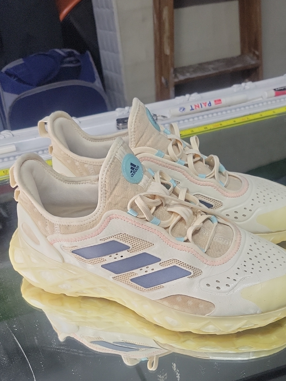 Mens 11.5 Adidas Web Boost sneakers in the "Off White Ecru Tint" colorway. 